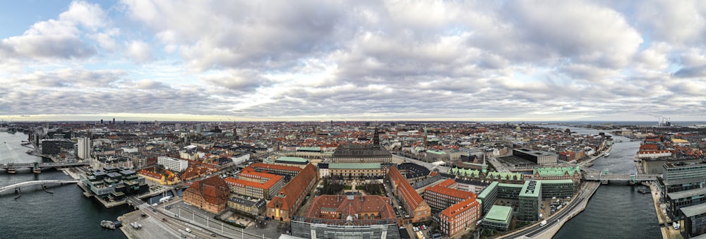 a panoramic view of a city with a river running through it