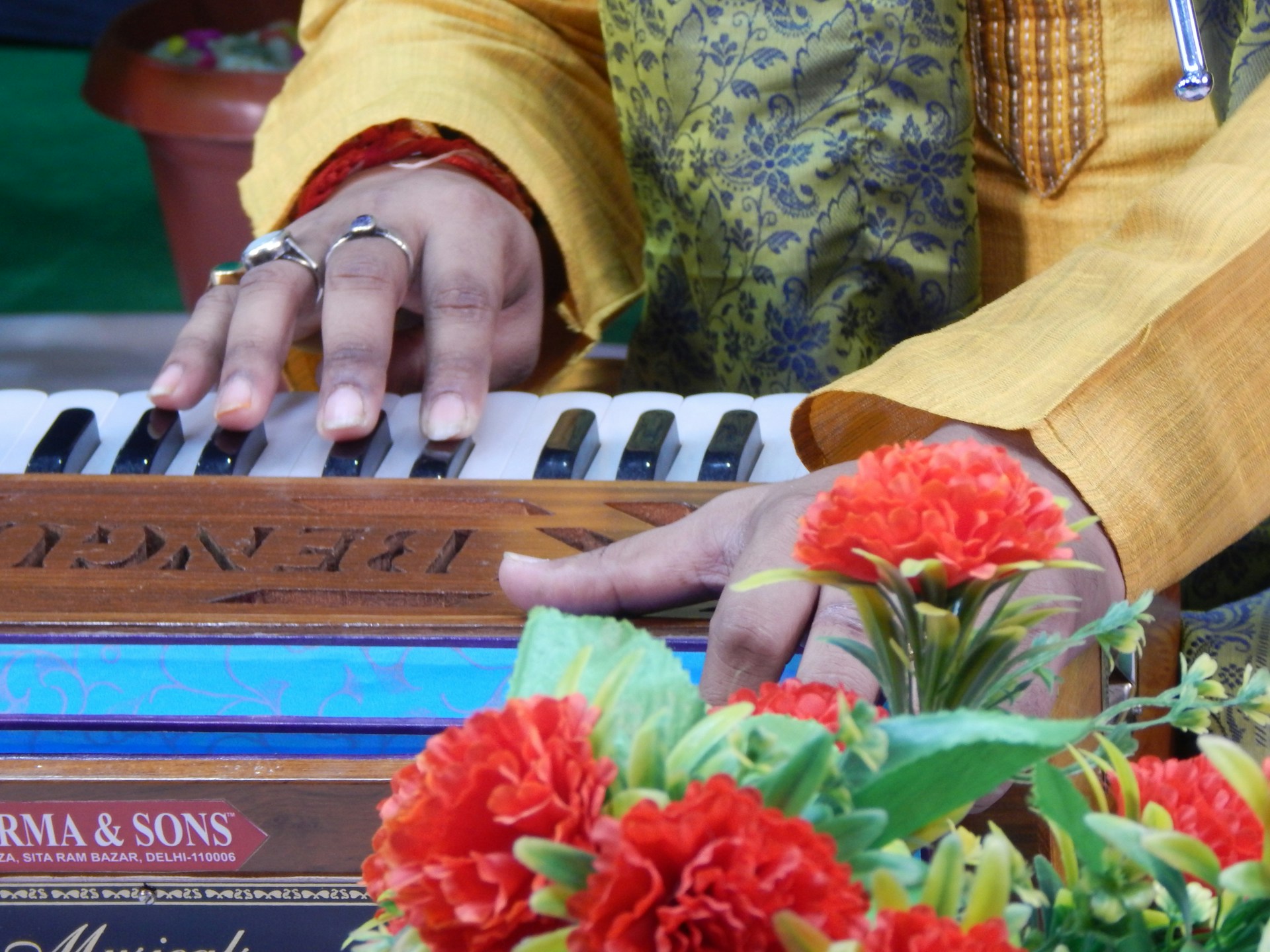 a person playing a musical instrument with red flowers