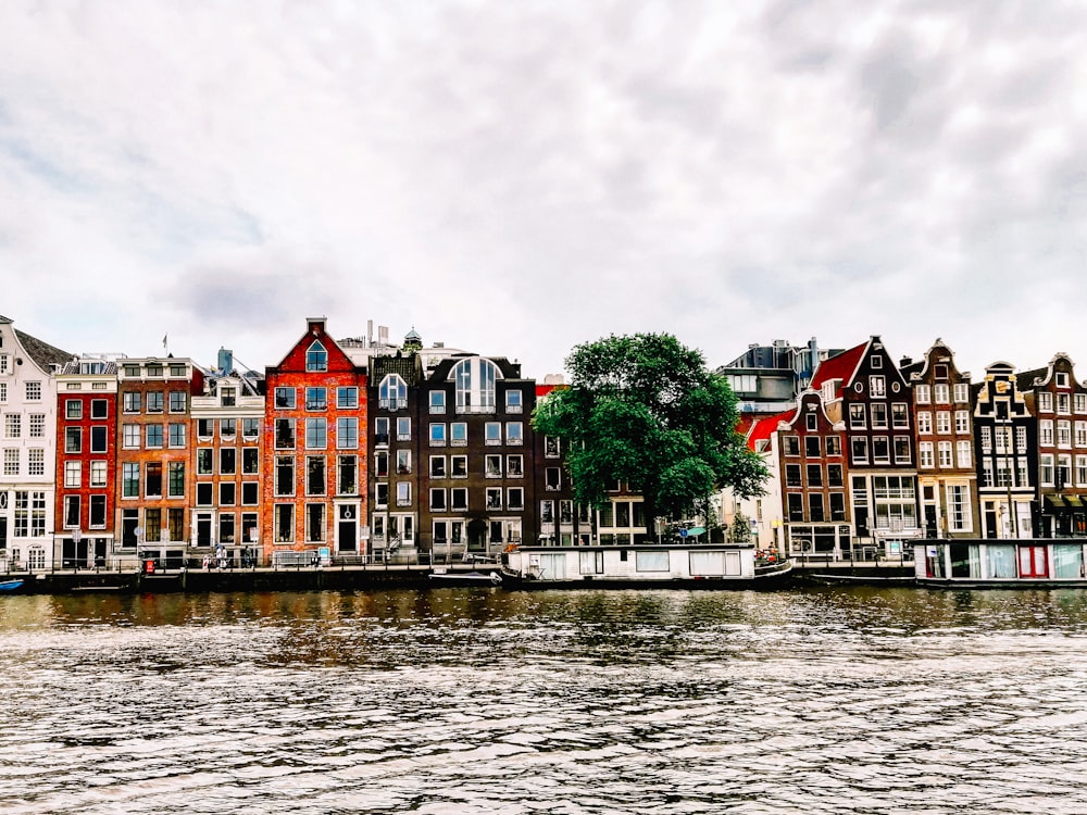 a row of houses along a river in a city