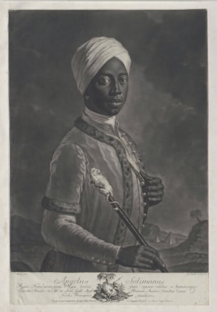 A portrait of a person wearing a turban and ornate coat, holding a staff. The background features a landscape with trees and mountains. The figure's expression is serious and contemplative.
