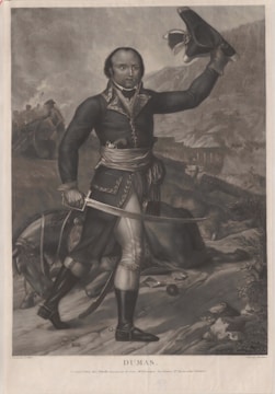 A man in a military uniform stands confidently, holding a sword in one hand and raising a hat in the other. He is positioned on rough terrain with what appears to be a battlefield in the background. Other soldiers and military activity can be seen in the distance.