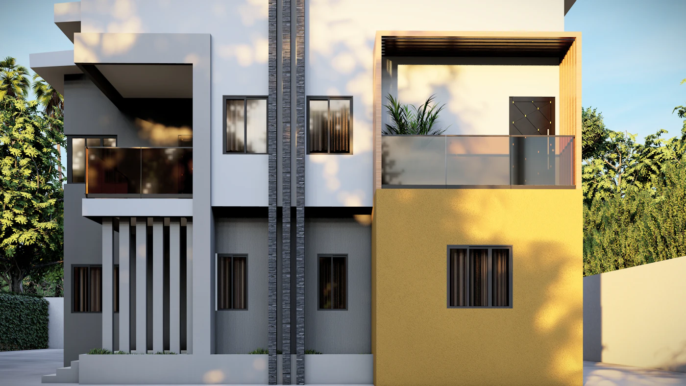 Modern duplex building with two mirrored balconies