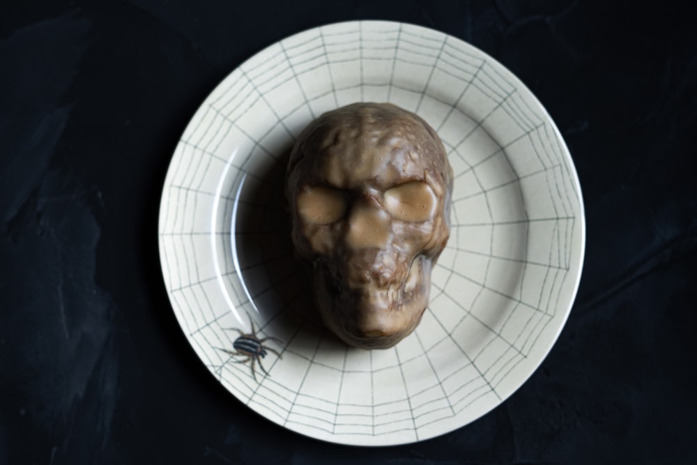 a white plate with a spider on it