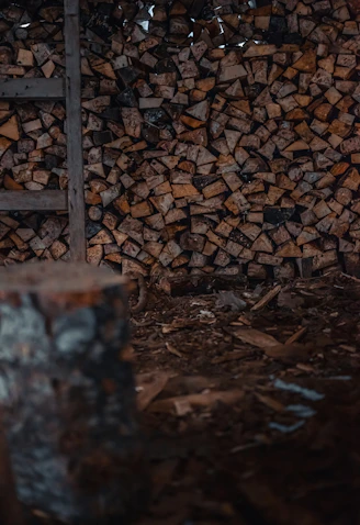 a pile of wood sitting next to a ladder