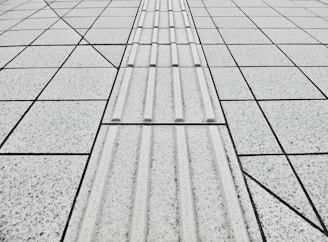 a black and white photo of a tiled walkway
