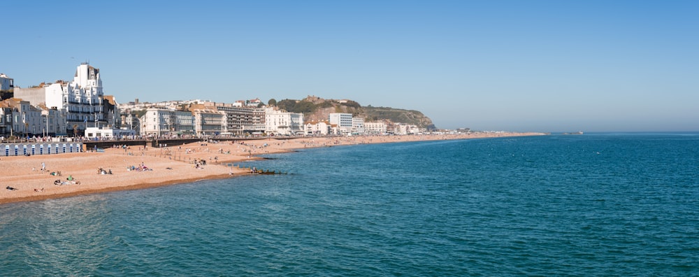 a view of a beach with people walking on it