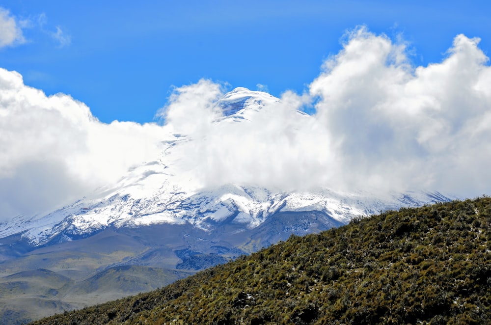 a mountain covered in snow under a cloudy blue sky