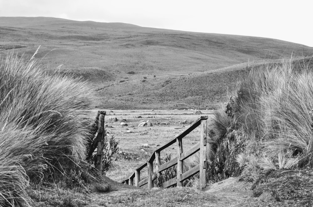 a black and white photo of a wooden gate