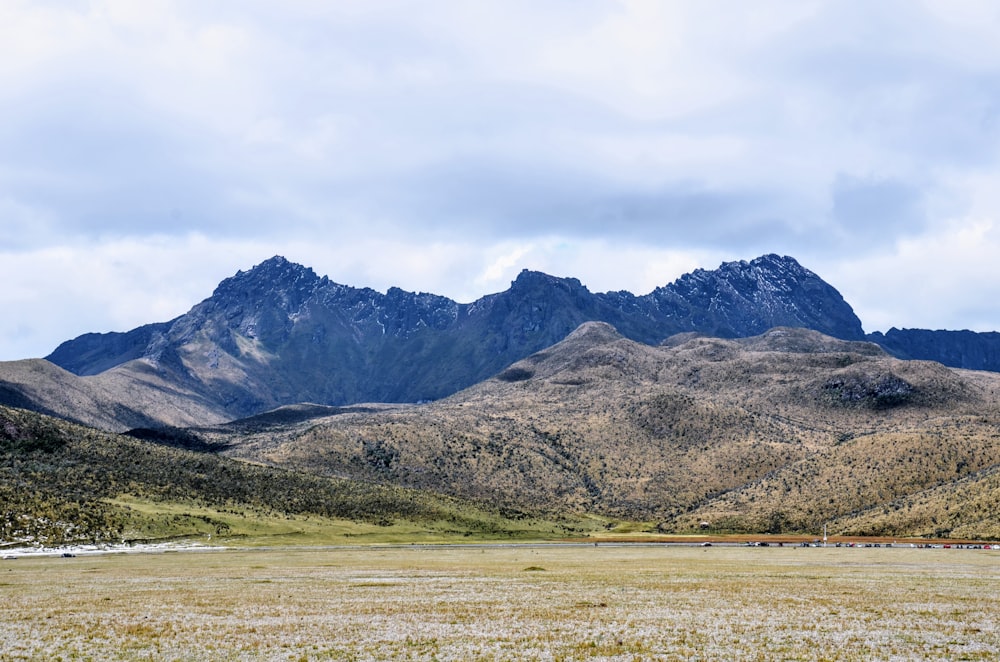 a field with mountains in the background