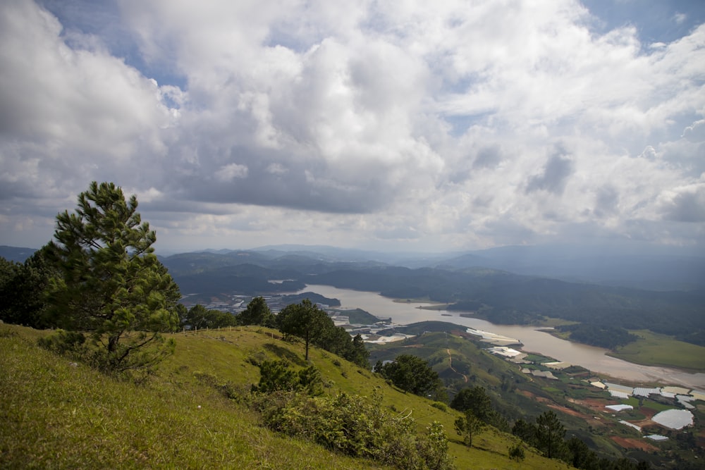 a view of a lake from a hill