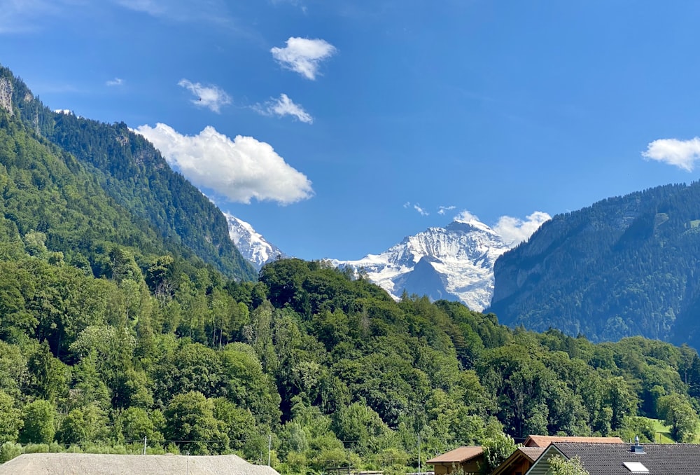 a view of a mountain range with houses in the foreground