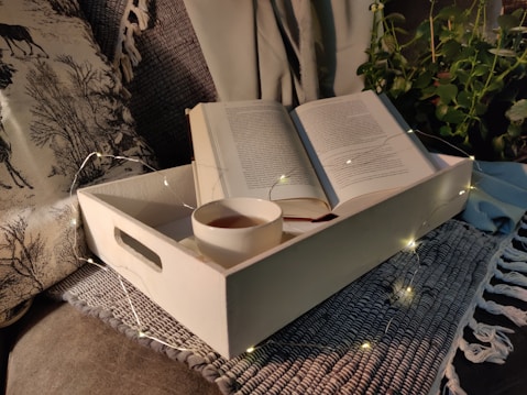 A cozy setting featuring an open book placed inside a wooden tray, alongside a cup of tea. The tray sits on a woven fabric with tassels. Warm string lights are draped around the tray, creating a gentle glow. In the background, there is a cushion with a nature-themed print and some green plants, adding a touch of nature to the scene.