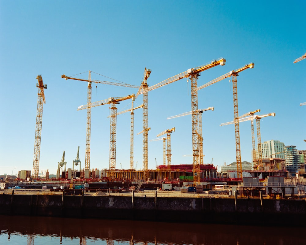 a bunch of cranes that are next to a body of water
