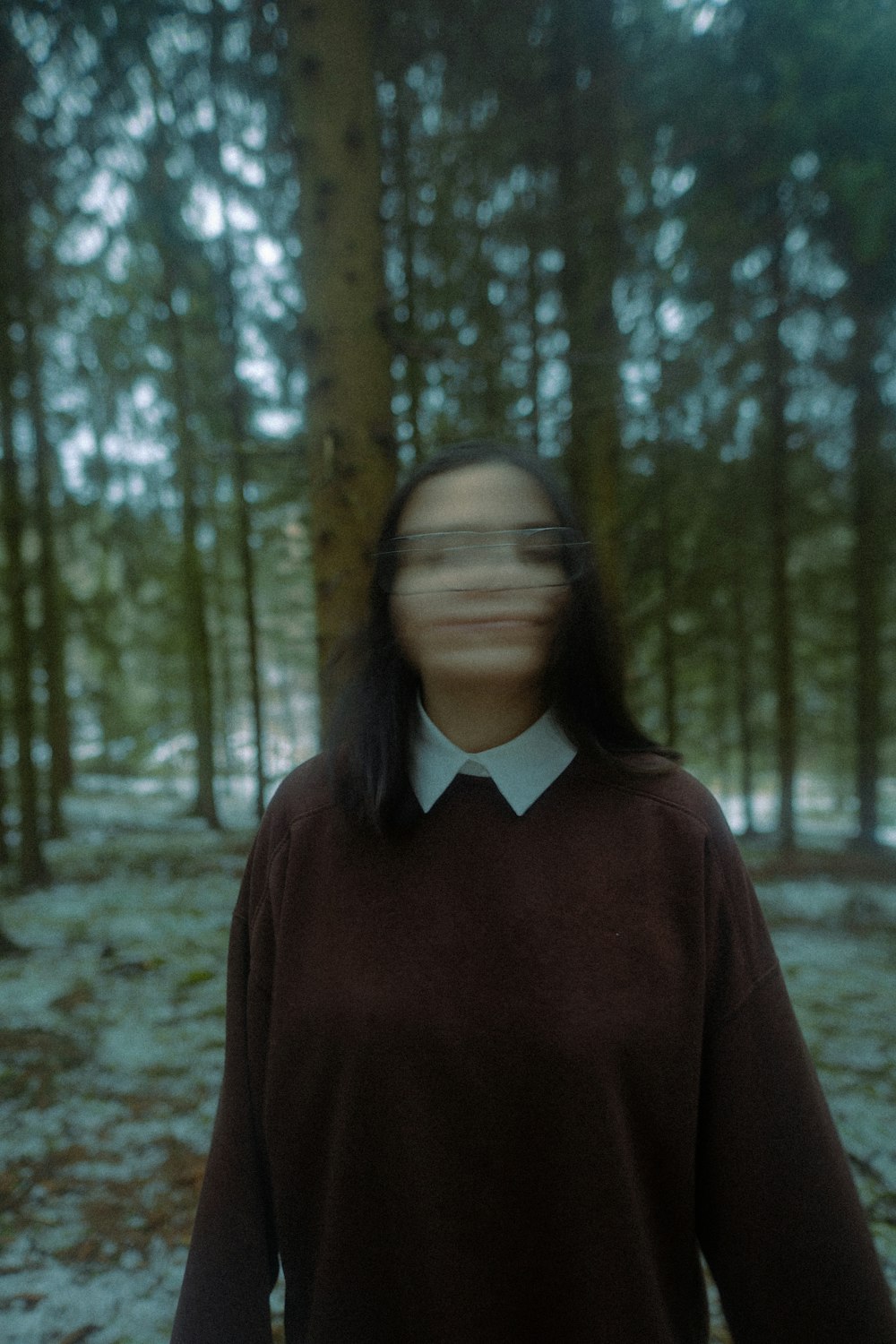 a blurry image of a person standing in a forest