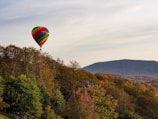 A vibrant image of a hot air balloon flying over a scenic landscape.