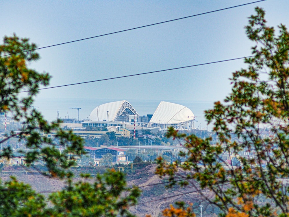a view of a stadium from behind some trees
