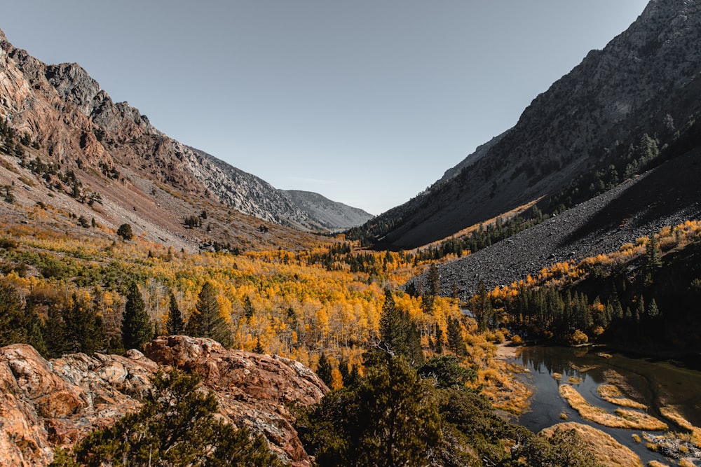 a river in a valley surrounded by mountains