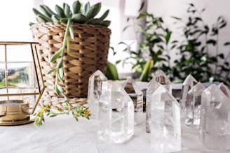 A collection of clear crystal points arranged on a white surface next to a potted plant with a woven basket texture. A brass and glass candle holder sits on the left, and there are additional plants visible in the blurred background.