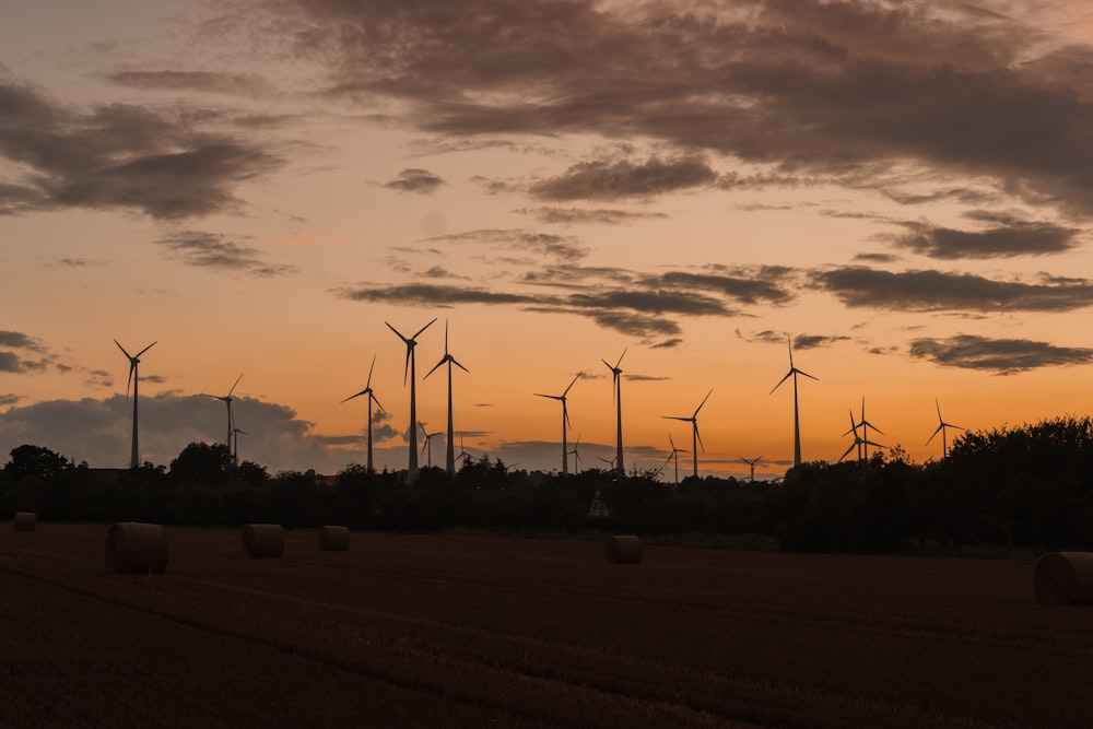 a field with hay bales and windmills in the distance