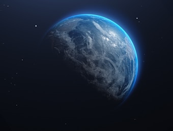 A view of Earth from space, predominantly showing the planet with a glowing blue atmosphere against the dark vastness of space. The surface details of Earth include visible landmasses and swirling cloud patterns.