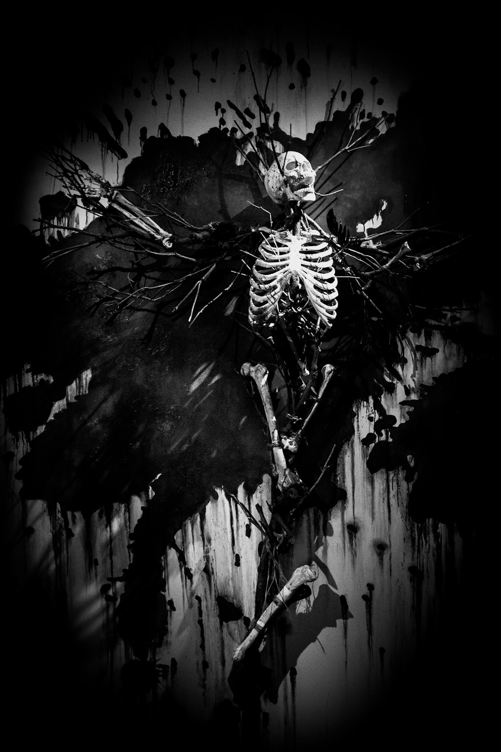 Une photo en noir et blanc d’un squelette sur une planche à roulettes