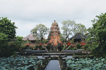 a large building surrounded by trees and plants