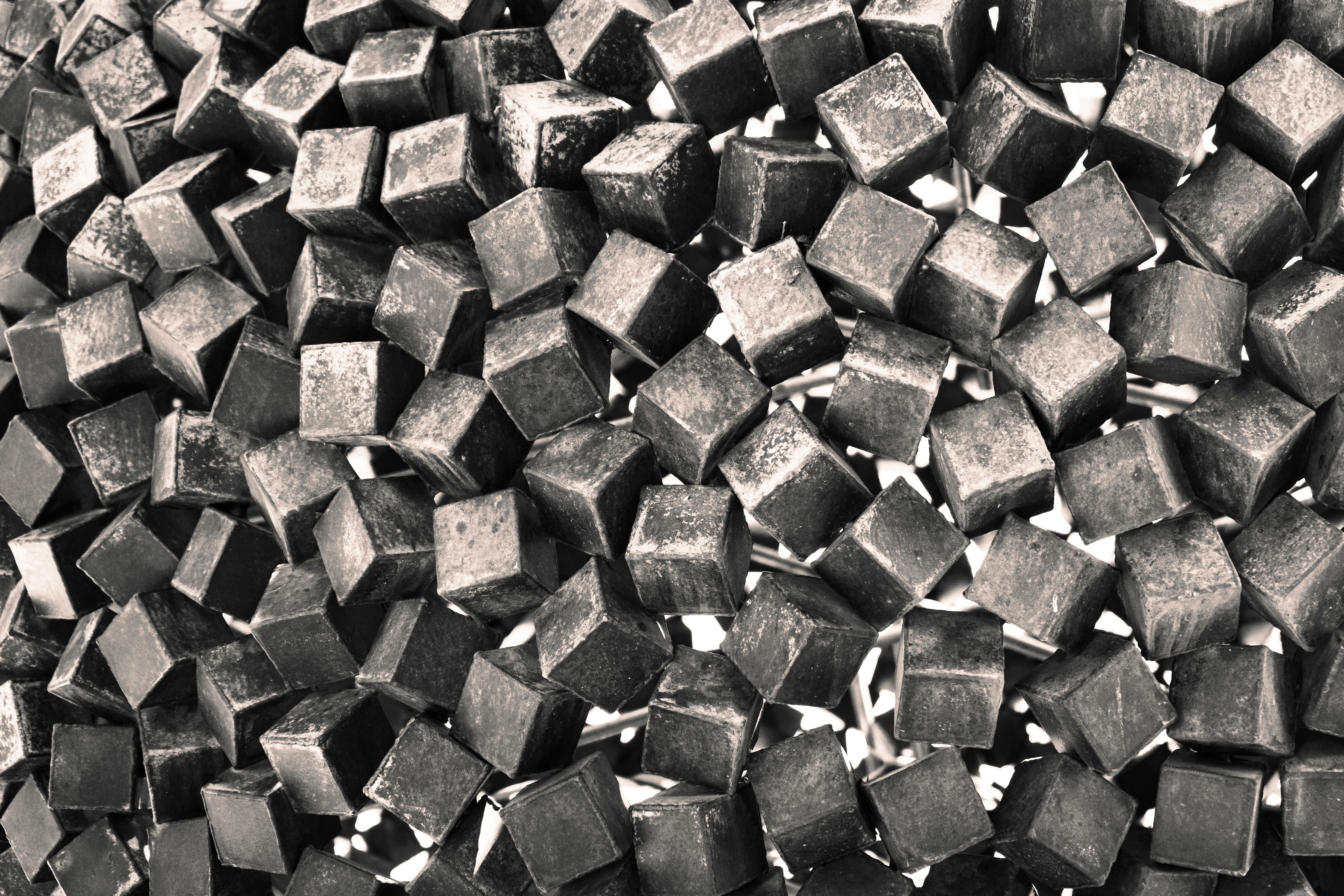 a black and white photo of a bunch of cubes