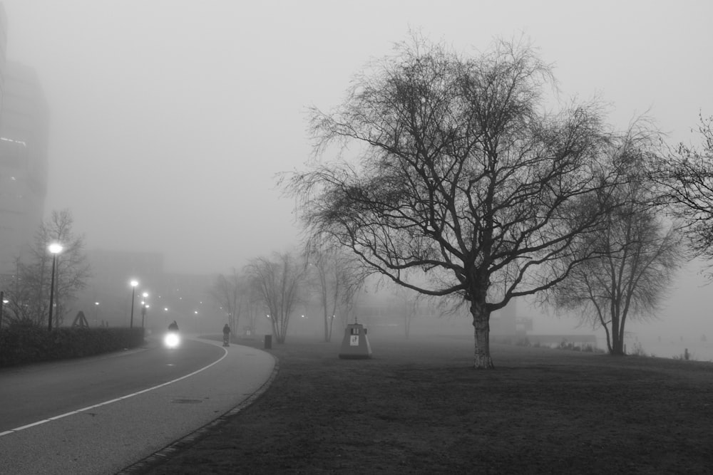 a black and white photo of a foggy street