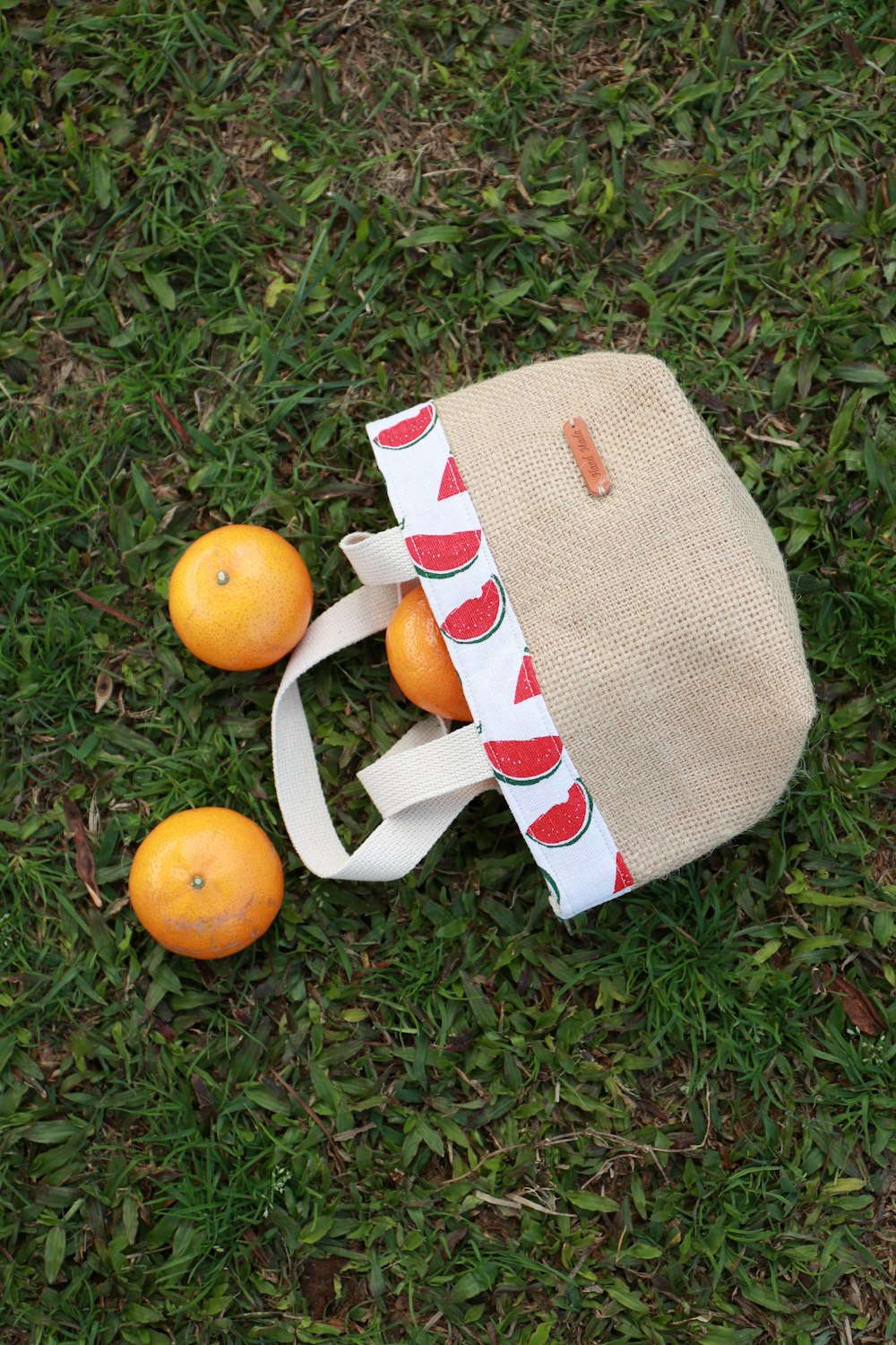 two oranges and a bag on the grass