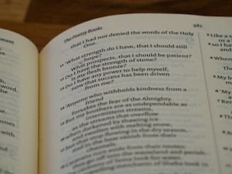 a close up of an open book on a table