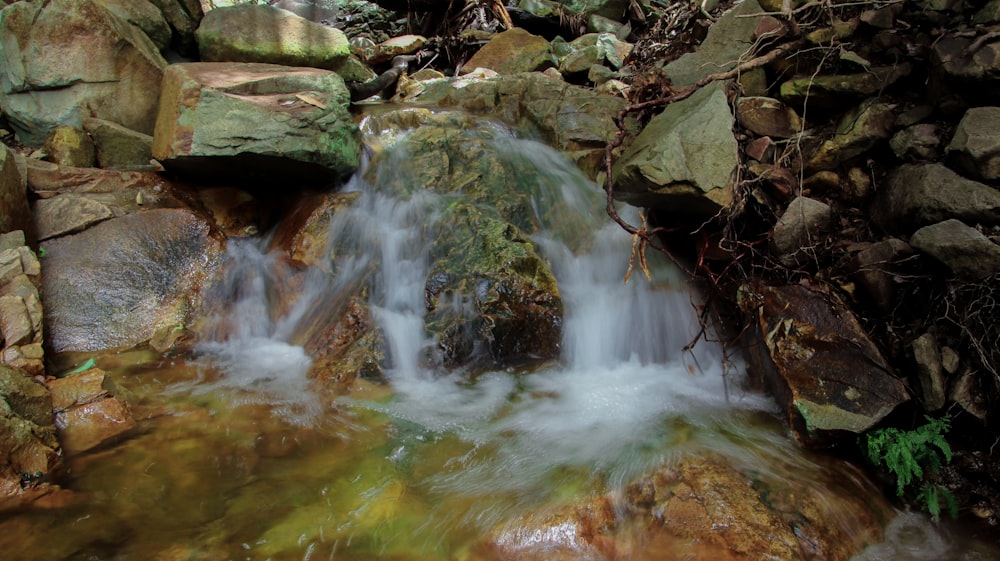 a stream of water running over rocks in a forest