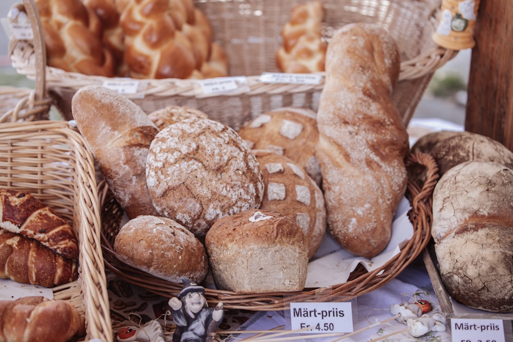 a table topped with lots of different types of bread