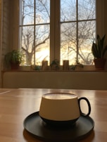 Sunlight filtering through leafy branches onto a minimalist ceramic coffee cup on a rustic wooden counter.