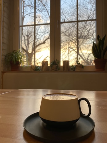 A minimalist white porcelain cup filled with steaming coffee on a cozy windowsill.
