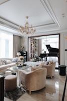 a living room filled with furniture and a piano