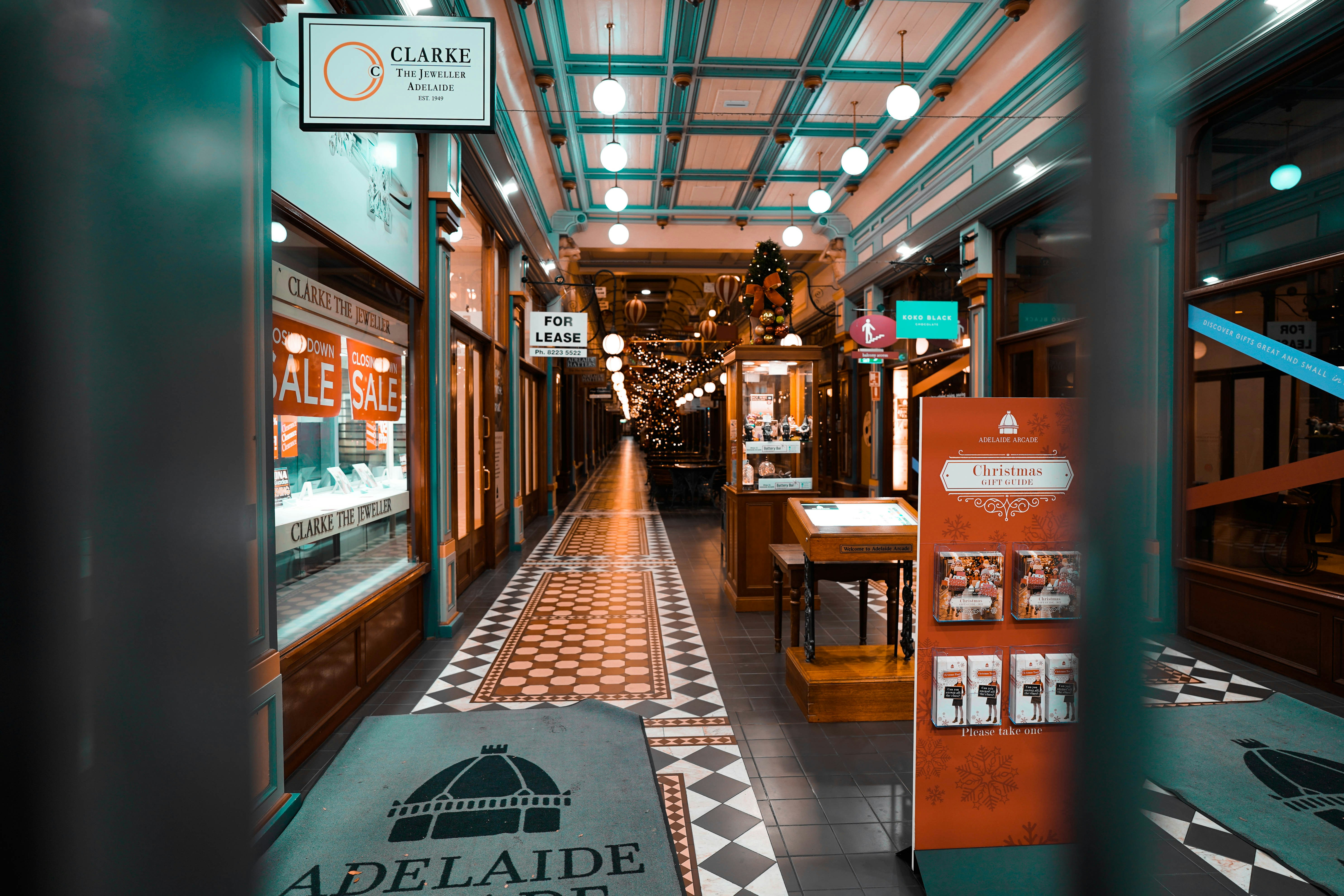 the inside of a store with a checkered floor