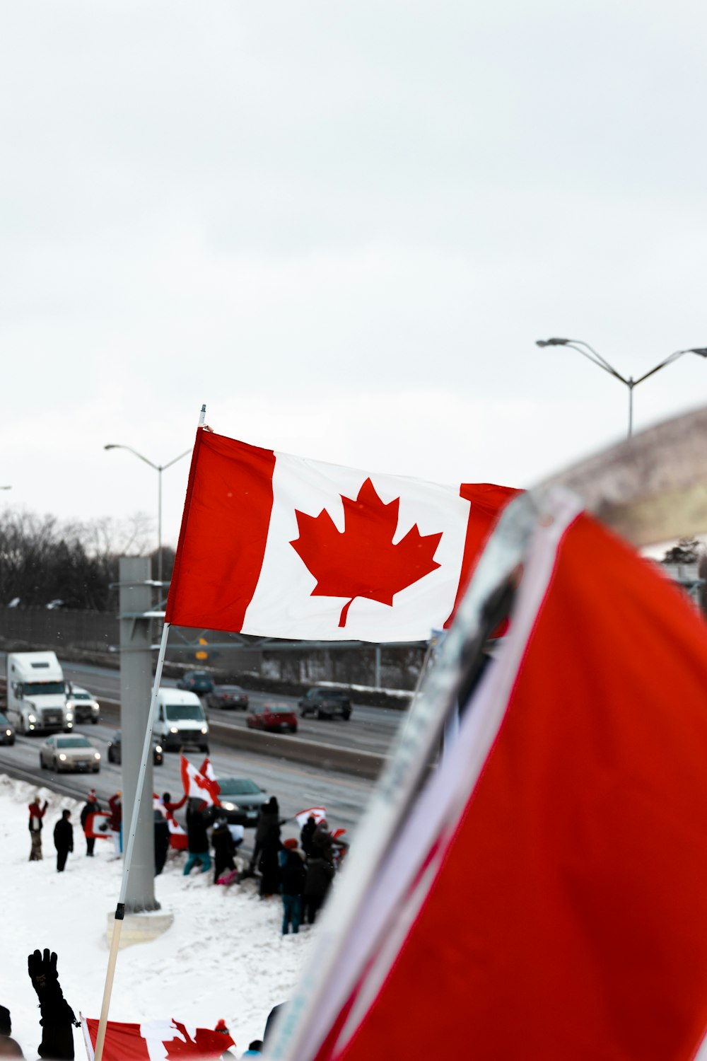 a canadian flag flying in the wind on a snowy day