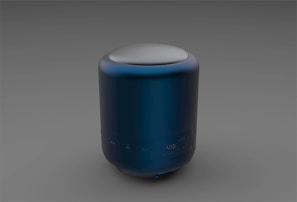 a blue and white speaker sitting on top of a table