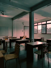an empty classroom with desks and chairs