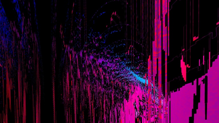 An abstract digital artwork featuring vibrant streaks and splashes of pink, blue, and purple against a predominantly black background. The pattern resembles a chaotic yet structured accumulation of vertical lines and scattered pixels, creating a vivid sense of movement and depth.