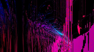 An abstract digital artwork featuring vibrant streaks and splashes of pink, blue, and purple against a predominantly black background. The pattern resembles a chaotic yet structured accumulation of vertical lines and scattered pixels, creating a vivid sense of movement and depth.