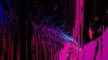 An abstract digital artwork featuring vibrant streaks and splashes of pink, blue, and purple against a predominantly black background. The pattern resembles a chaotic yet structured accumulation of vertical lines and scattered pixels, creating a vivid sense of movement and depth.