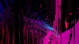 An abstract digital artwork featuring vibrant streaks and splashes of pink, blue, and purple against a predominantly black background. The pattern resembles a chaotic yet structured accumulation of vertical lines and scattered pixels, creating a vivid sense of movement and depth.