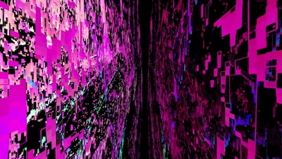 A digital abstract composition featuring a chaotic arrangement of pixelated rectangles and squares in vivid pinks, blacks, and hints of blue. The image features a tunnel-like perspective, giving a sense of depth and immersion.