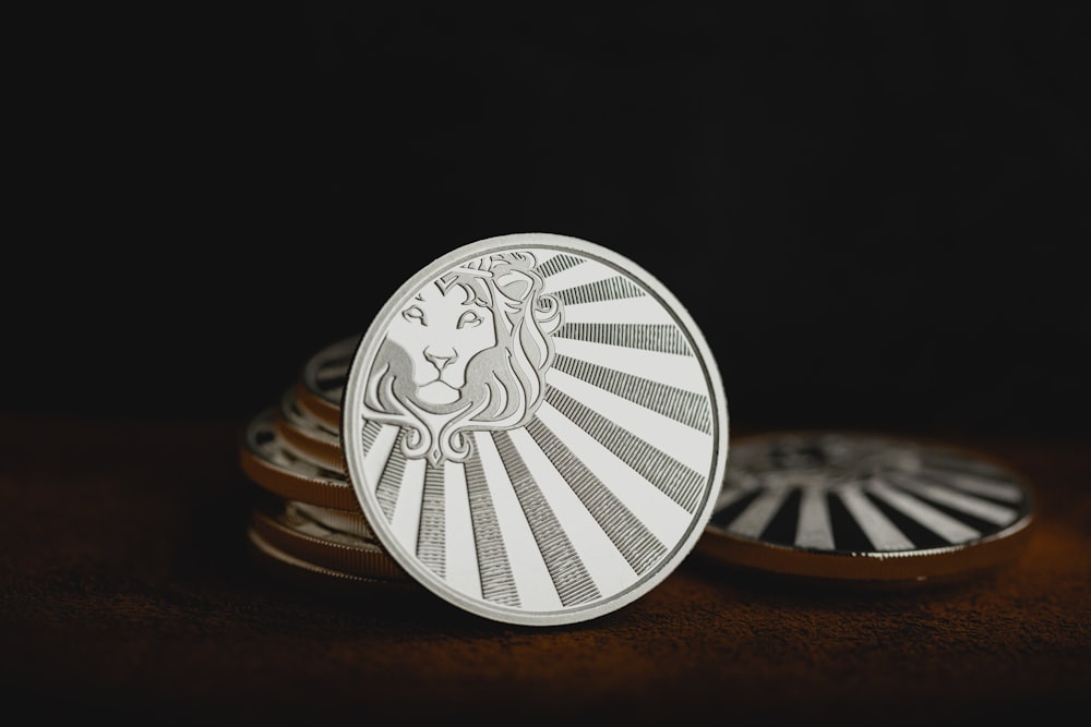 a close up of a coin on a table