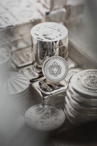 Stacks of shiny silver coins rest on top of silver bars, with intricate designs and engravings visible on the surfaces. The centerpiece coin features a lion’s head within a decorative border, while other coins display different motifs.