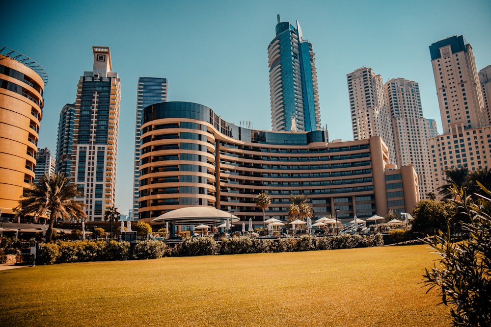 a grassy area in front of tall buildings