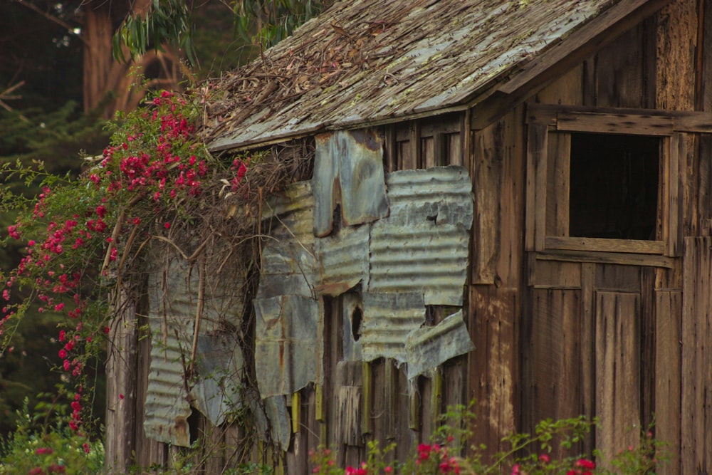 an old wooden building with vines growing on it