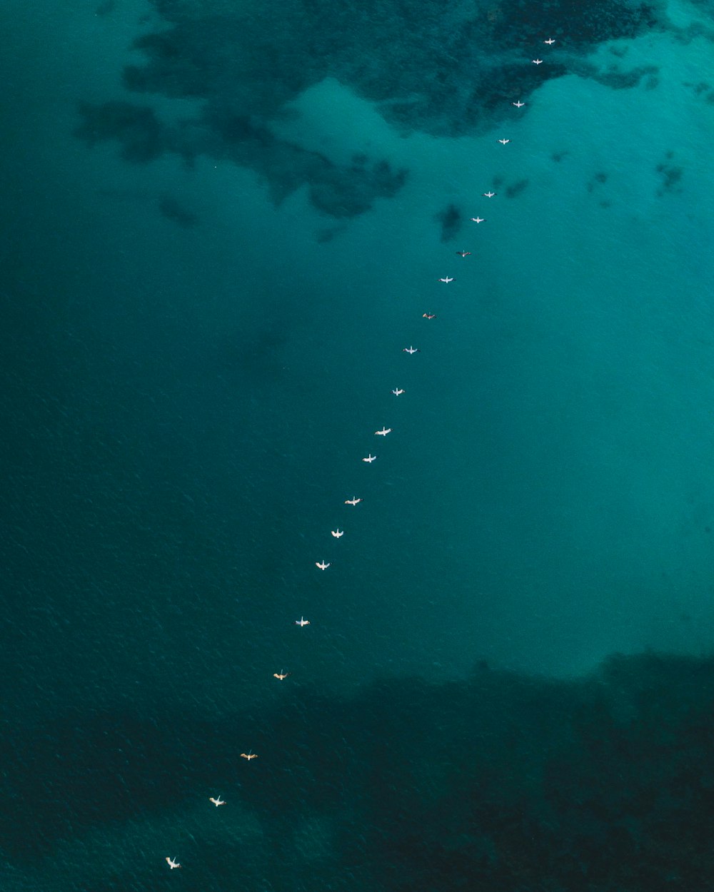 a long line of boats floating in the ocean