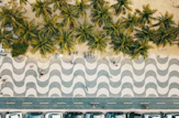 An aerial view of the wavy mosaic promenade and palm trees in Copacabana